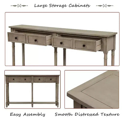 Table console étroite vintage avec rangement, table d'entrée en bois avec 4 tiroirs et étagère ouverte, table de canapé rétro pour salon et couloir