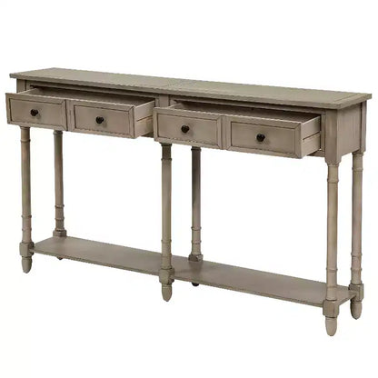 Table console étroite vintage avec rangement, table d'entrée en bois avec 4 tiroirs et étagère ouverte, table de canapé rétro pour salon et couloir