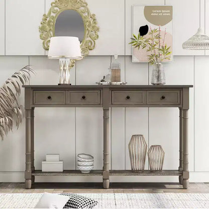 Table console étroite vintage avec rangement, table d'entrée en bois avec 4 tiroirs et étagère ouverte, table de canapé rétro pour salon et couloir