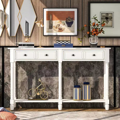 Table console étroite vintage avec rangement, table d'entrée en bois avec 4 tiroirs et étagère ouverte, table de canapé rétro pour salon et couloir