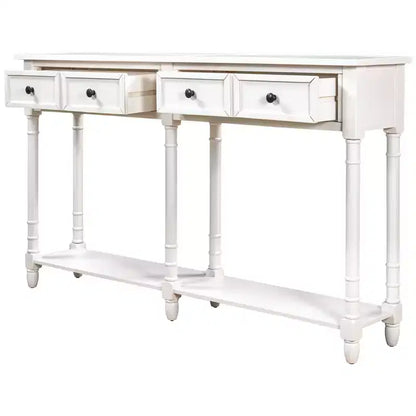Table console étroite vintage avec rangement, table d'entrée en bois avec 4 tiroirs et étagère ouverte, table de canapé rétro pour salon et couloir