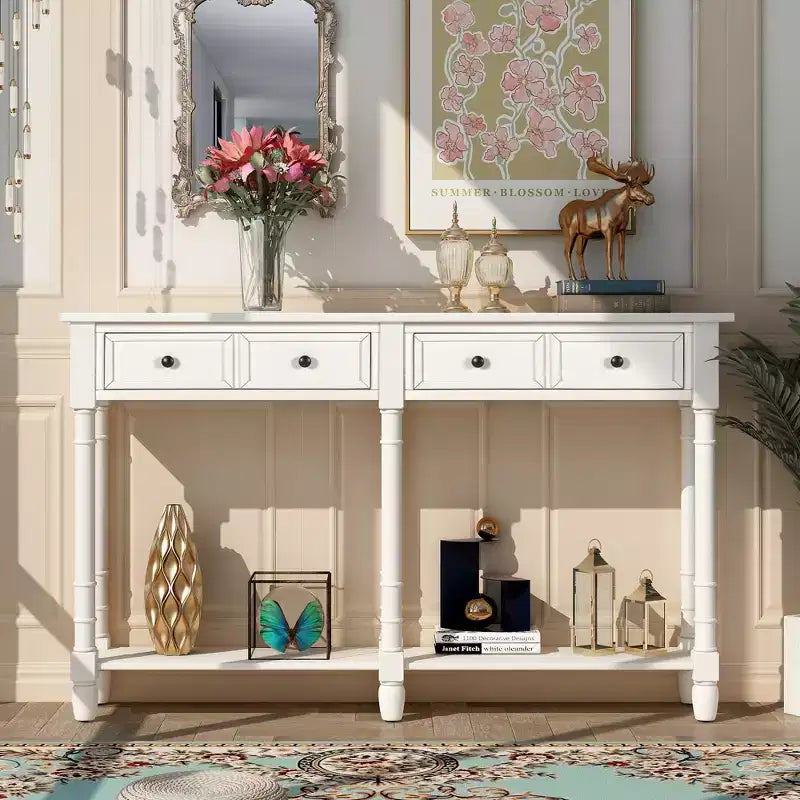 Table console étroite vintage avec rangement, table d'entrée en bois avec 4 tiroirs et étagère ouverte, table de canapé rétro pour salon et couloir