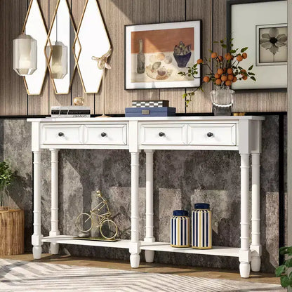 Table console étroite vintage avec rangement, table d'entrée en bois avec 4 tiroirs et étagère ouverte, table de canapé rétro pour salon et couloir