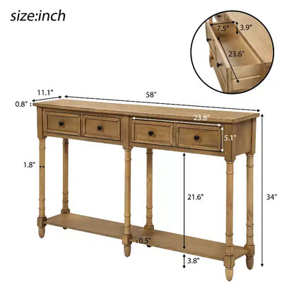 Table console étroite vintage avec rangement, table d'entrée en bois avec 4 tiroirs et étagère ouverte, table de canapé rétro pour salon et couloir