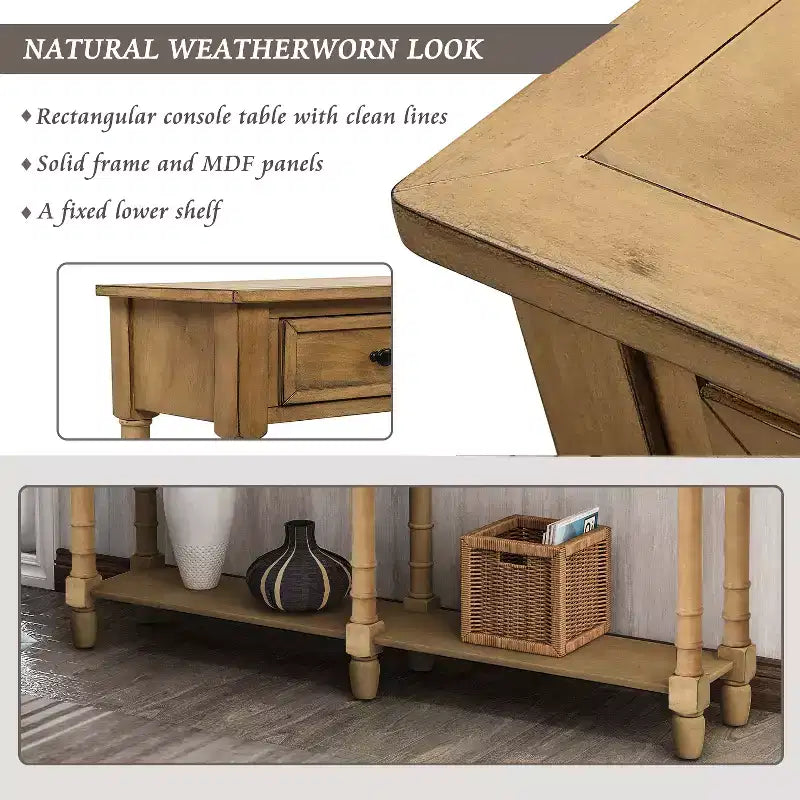 Table console étroite vintage avec rangement, table d'entrée en bois avec 4 tiroirs et étagère ouverte, table de canapé rétro pour salon et couloir