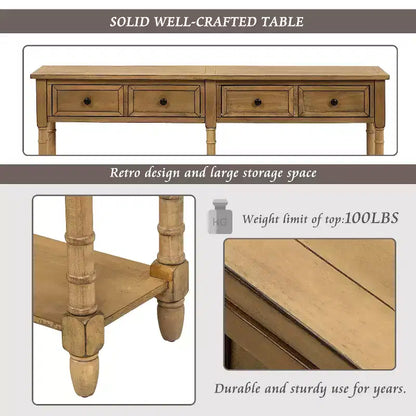 Table console étroite vintage avec rangement, table d'entrée en bois avec 4 tiroirs et étagère ouverte, table de canapé rétro pour salon et couloir