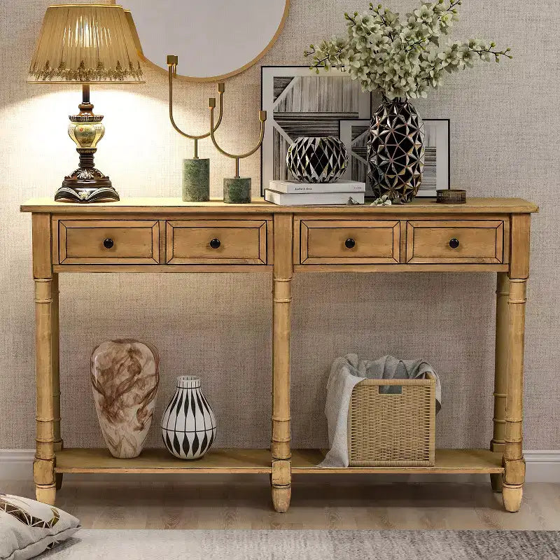 Table console étroite vintage avec rangement, table d'entrée en bois avec 4 tiroirs et étagère ouverte, table de canapé rétro pour salon et couloir
