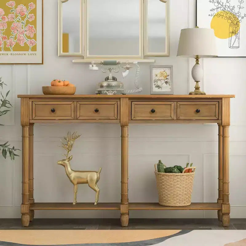 Table console étroite vintage avec rangement, table d'entrée en bois avec 4 tiroirs et étagère ouverte, table de canapé rétro pour salon et couloir