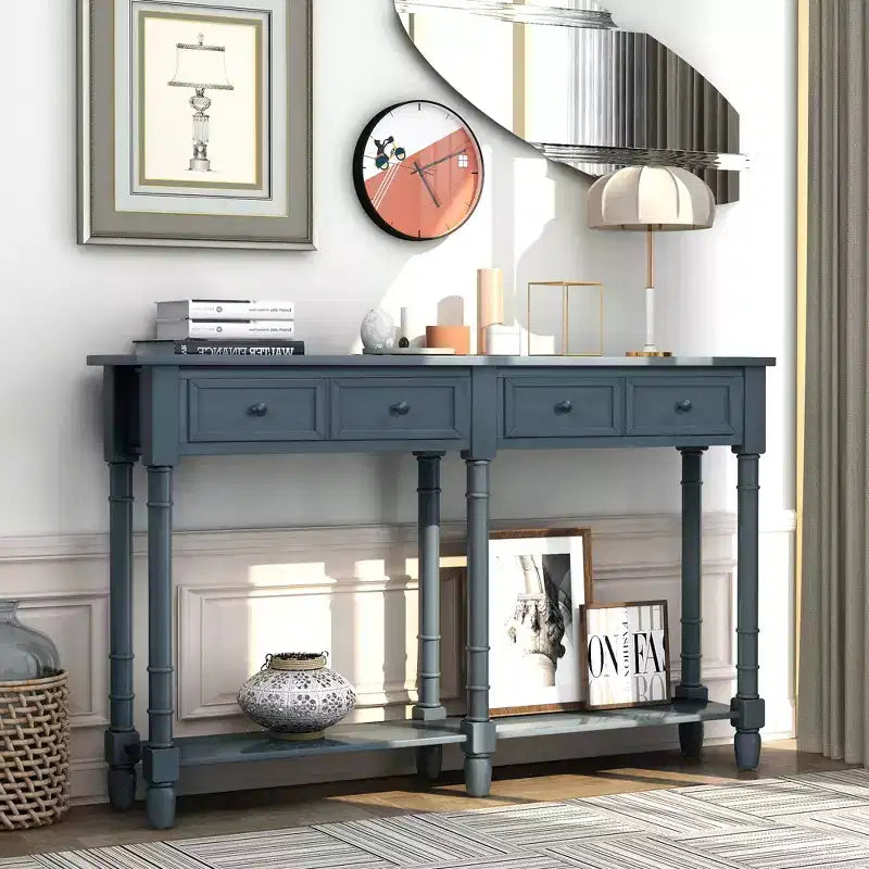 Vintage Narrow Console Table with Storage, Wood Entryway Table with 4 Drawers and Open Shelf, Retro Sofa Table for Living Room and Hallway
