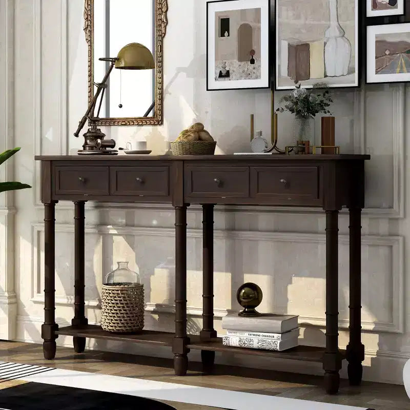 Table console étroite vintage avec rangement, table d'entrée en bois avec 4 tiroirs et étagère ouverte, table de canapé rétro pour salon et couloir