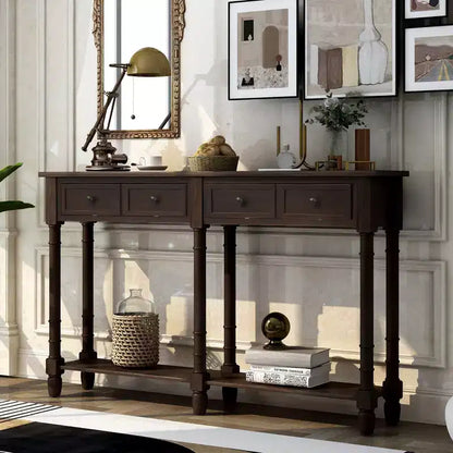 Table console étroite vintage avec rangement, table d'entrée en bois avec 4 tiroirs et étagère ouverte, table de canapé rétro pour salon et couloir