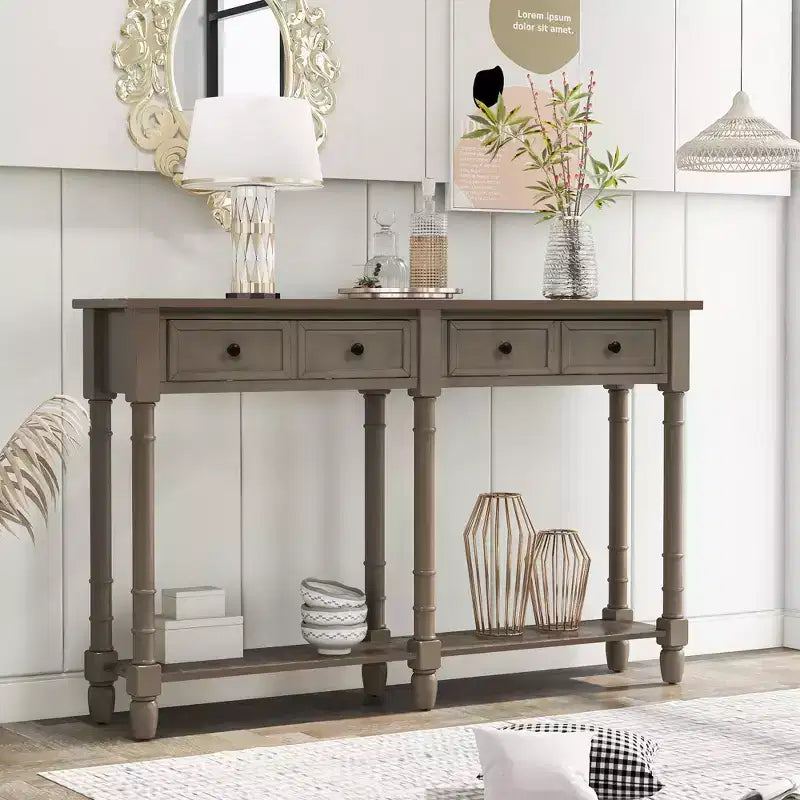 Table console étroite vintage avec rangement, table d'entrée en bois avec 4 tiroirs et étagère ouverte, table de canapé rétro pour salon et couloir