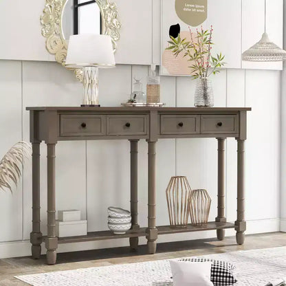Table console étroite vintage avec rangement, table d'entrée en bois avec 4 tiroirs et étagère ouverte, table de canapé rétro pour salon et couloir