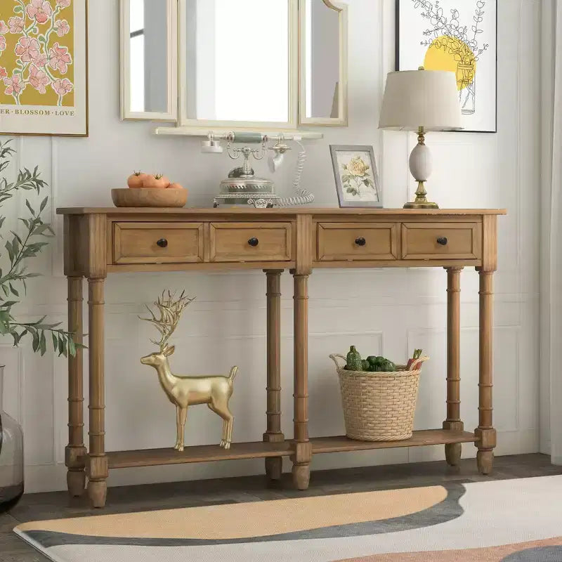 Table console étroite vintage avec rangement, table d'entrée en bois avec 4 tiroirs et étagère ouverte, table de canapé rétro pour salon et couloir