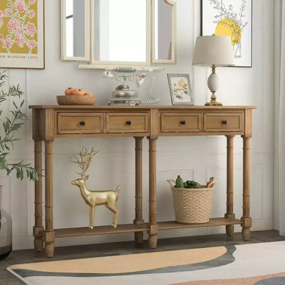 Table console étroite vintage avec rangement, table d'entrée en bois avec 4 tiroirs et étagère ouverte, table de canapé rétro pour salon et couloir