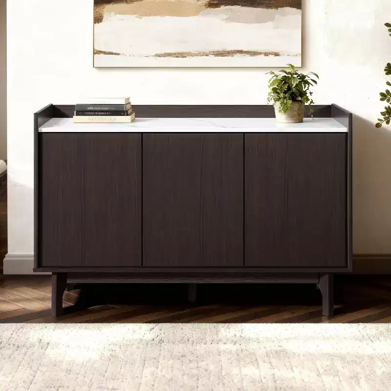 LuxenHome Modi Wenge Sideboard Cabinet with 3 Doors, Raised Sides, Faux Marble Top, Manufactured Wood