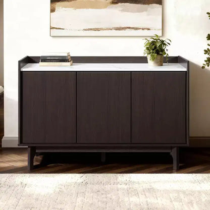 LuxenHome Modi Wenge Sideboard Cabinet with 3 Doors, Raised Sides, Faux Marble Top, Manufactured Wood