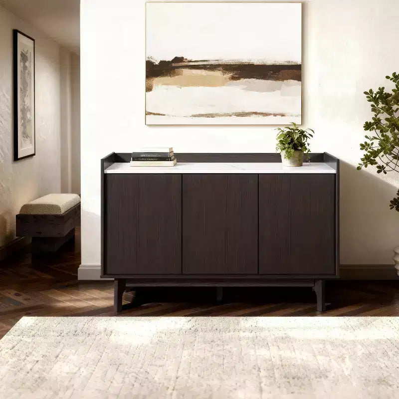 LuxenHome Modi Bahut avec 3 portes, côtés surélevés, plateau imitation marbre, bois manufacturé