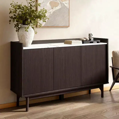 LuxenHome Modi Bahut avec 3 portes, côtés surélevés, plateau imitation marbre, bois manufacturé