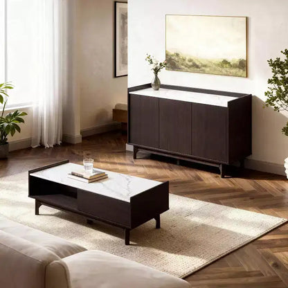 LuxenHome Modi Bahut avec 3 portes, côtés surélevés, plateau imitation marbre, bois manufacturé
