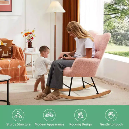 MAYEERTY Fauteuil à bascule moderne rembourré en teddy avec dossier haut pour chambre d'enfant, chambre à coucher, salon