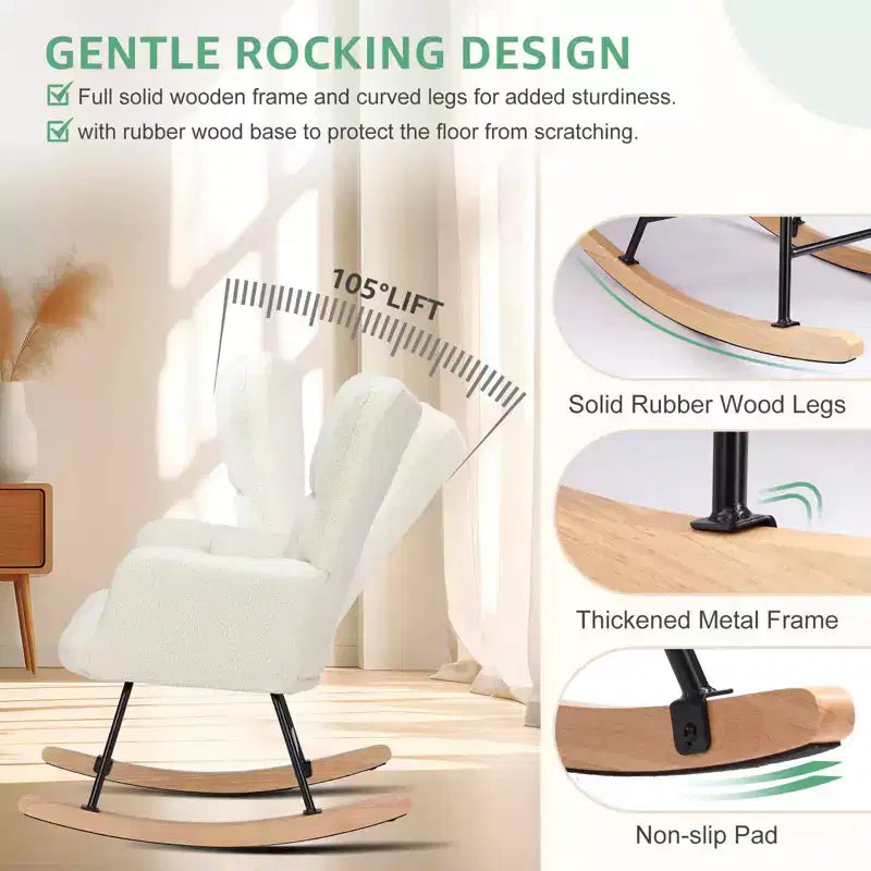 MAYEERTY Fauteuil à bascule moderne rembourré en teddy avec dossier haut pour chambre d'enfant, chambre à coucher, salon