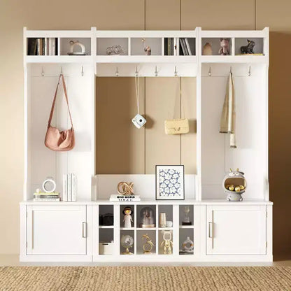 Okak 4-IN-1 Wide Hall Tree with Entryway Bench and Shoe Cubbies, Coat Rack with Sotrage Shelves and 10 Hooks, Coat Tree for Hallway, White