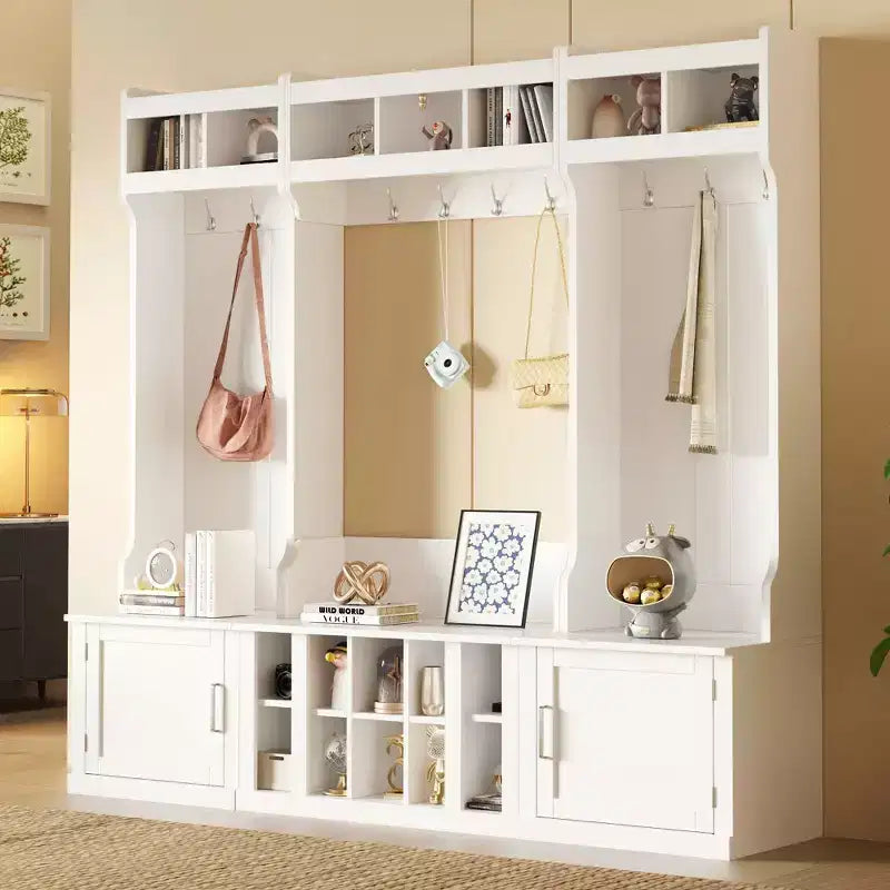 Okak Meuble d'entrée 4-EN-1 avec banc et casiers à chaussures, porte-manteau avec étagères de rangement et 10 crochets, pour couloir, blanc