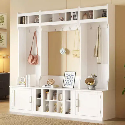 Okak Meuble d'entrée 4-EN-1 avec banc et casiers à chaussures, porte-manteau avec étagères de rangement et 10 crochets, pour couloir, blanc