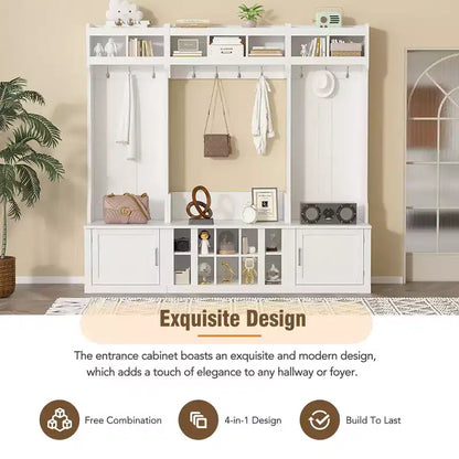 Okak Meuble d'entrée 4-EN-1 avec banc et casiers à chaussures, porte-manteau avec étagères de rangement et 10 crochets, pour couloir, blanc