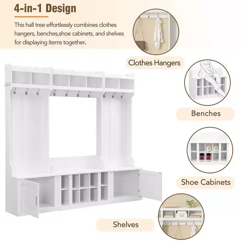 Okak Meuble d'entrée 4-EN-1 avec banc et casiers à chaussures, porte-manteau avec étagères de rangement et 10 crochets, pour couloir, blanc