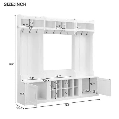 Okak Meuble d'entrée 4-EN-1 avec banc et casiers à chaussures, porte-manteau avec étagères de rangement et 10 crochets, pour couloir, blanc