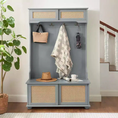Okak Casual Style Hall Tree with Entryway Bench, Coat Rack with Rattan Door Shelves and Wooden Feet, Coat Tree for Living Room, Bedroom, Gray