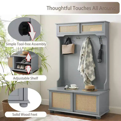 Porte-manteau de style décontracté Okak avec banc d'entrée, porte-manteau avec étagères en rotin et pieds en bois, porte-manteau pour salon, chambre, gris