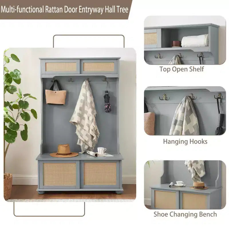 Porte-manteau de style décontracté Okak avec banc d'entrée, porte-manteau avec étagères en rotin et pieds en bois, porte-manteau pour salon, chambre, gris