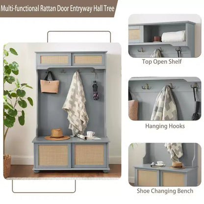 Porte-manteau de style décontracté Okak avec banc d'entrée, porte-manteau avec étagères en rotin et pieds en bois, porte-manteau pour salon, chambre, gris