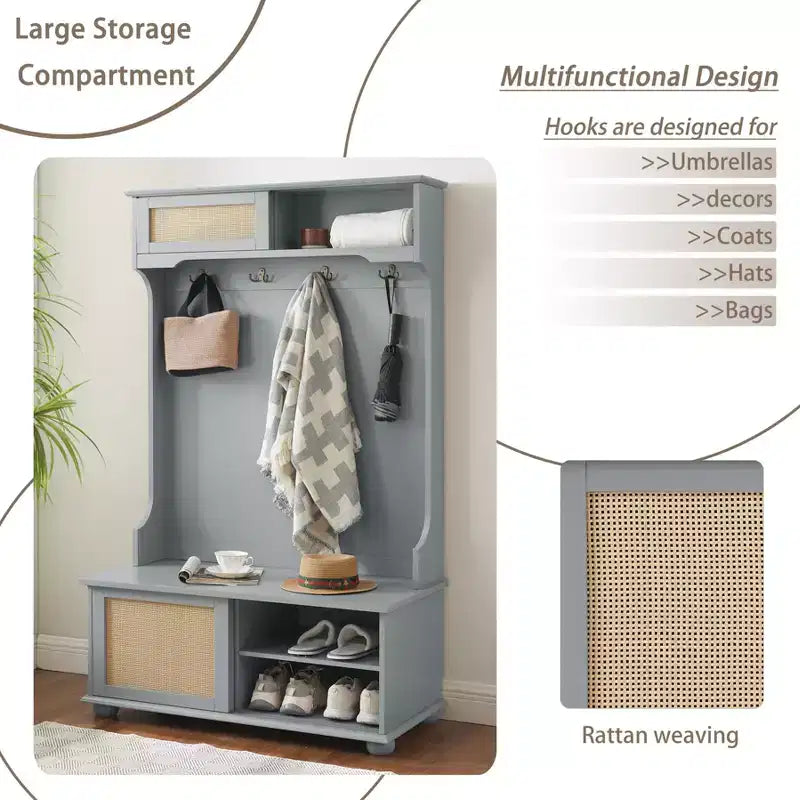 Porte-manteau de style décontracté Okak avec banc d'entrée, porte-manteau avec étagères en rotin et pieds en bois, porte-manteau pour salon, chambre, gris