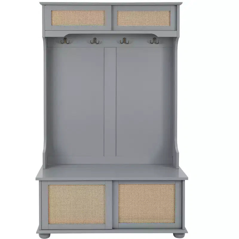 Porte-manteau de style décontracté Okak avec banc d'entrée, porte-manteau avec étagères en rotin et pieds en bois, porte-manteau pour salon, chambre, gris