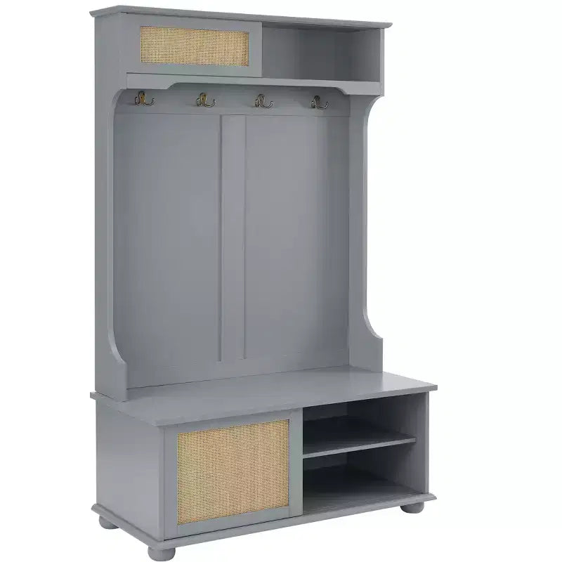 Porte-manteau de style décontracté Okak avec banc d'entrée, porte-manteau avec étagères en rotin et pieds en bois, porte-manteau pour salon, chambre, gris