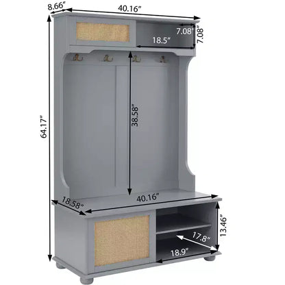 Porte-manteau de style décontracté Okak avec banc d'entrée, porte-manteau avec étagères en rotin et pieds en bois, porte-manteau pour salon, chambre, gris