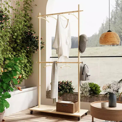 Okak Wooden Space-Saving Hall Tree with 6 Wooden Hangers, Freestanding Coat Rack with Adjustable Shelf and Wheels, Coat Tree for Living Room, Old Pine
