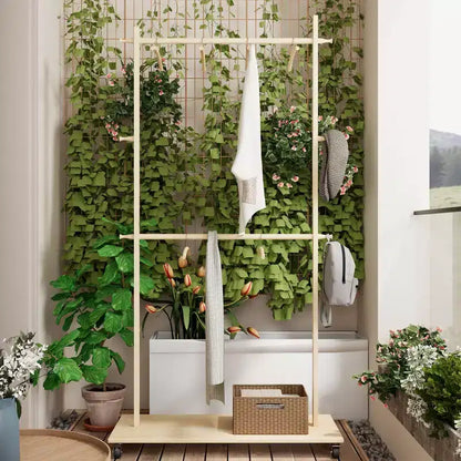 Porte-manteau sur pied Okak en bois peu encombrant avec 6 cintres en bois, support à manteaux avec étagère réglable et roulettes, porte-manteau pour salon, pin ancien