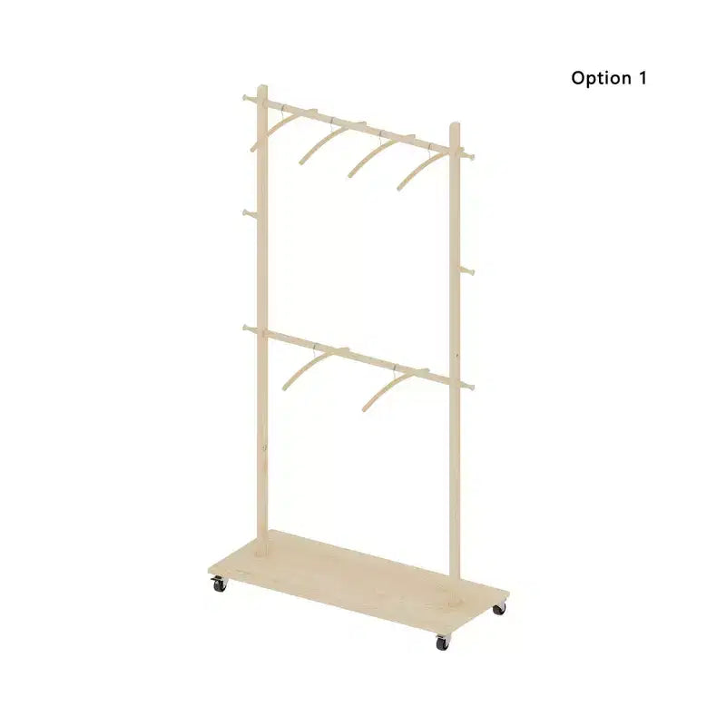 Porte-manteau sur pied Okak en bois peu encombrant avec 6 cintres en bois, support à manteaux avec étagère réglable et roulettes, porte-manteau pour salon, pin ancien