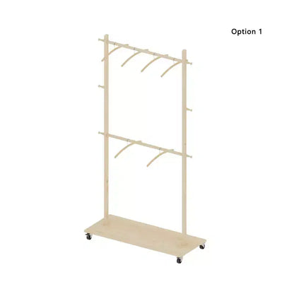 Porte-manteau sur pied Okak en bois peu encombrant avec 6 cintres en bois, support à manteaux avec étagère réglable et roulettes, porte-manteau pour salon, pin ancien