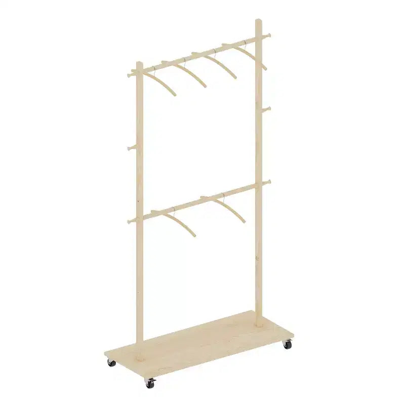 Porte-manteau sur pied Okak en bois peu encombrant avec 6 cintres en bois, support à manteaux avec étagère réglable et roulettes, porte-manteau pour salon, pin ancien