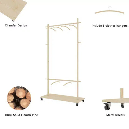 Porte-manteau sur pied Okak en bois peu encombrant avec 6 cintres en bois, support à manteaux avec étagère réglable et roulettes, porte-manteau pour salon, pin ancien