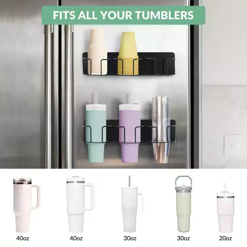Lot de 4 petits porte-bouteilles d'eau magnétiques pour réfrigérateur, organisateur de tasses de 30 et 40 oz avec rangement pour couvercle/paille (utilisation cuisine/bureau)