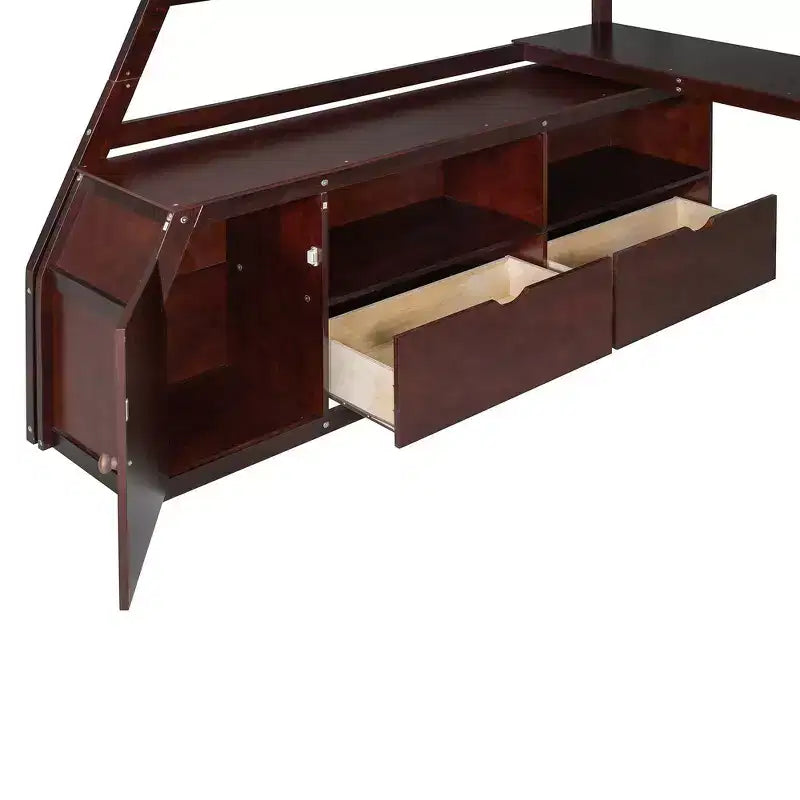 Lit mezzanine pleine taille Whisen avec 7 tiroirs, 2 étagères et bureau, construction solide
