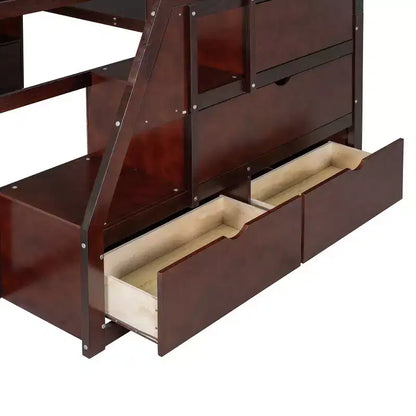 Lit mezzanine pleine taille Whisen avec 7 tiroirs, 2 étagères et bureau, construction solide