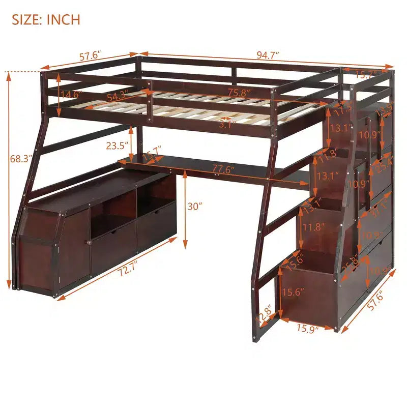 Lit mezzanine pleine taille Whisen avec 7 tiroirs, 2 étagères et bureau, construction solide